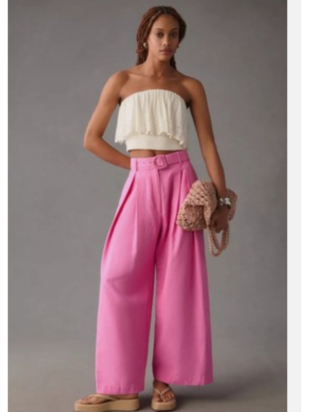 FARM Rio Belted High-Waist Wide-Leg Pink Trousers